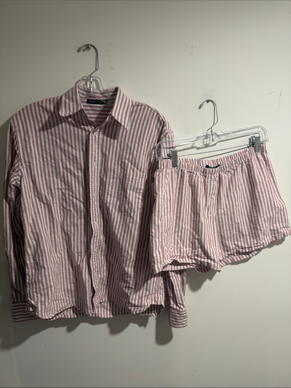 Brandy Melville Red and White Striped Button-Up Shirt & Shorts Set One Size